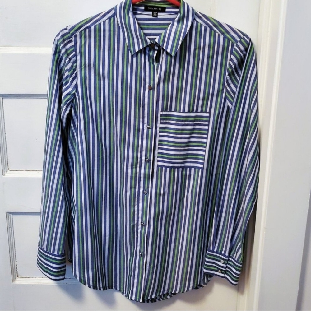 Dynamite Striped Button-Down Shirt in Blue and Green, Fits S/M - Picture 1 of 3